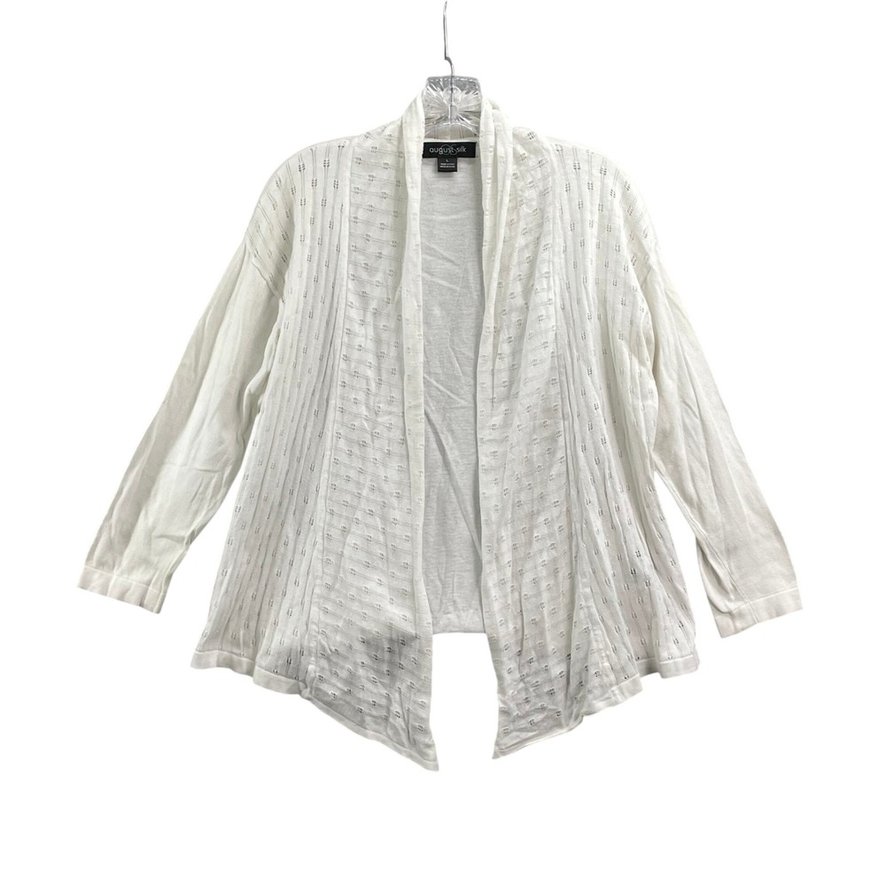August Silk Cardigan Women Large White Pointelle Open Front Cotton Knit Corpcore